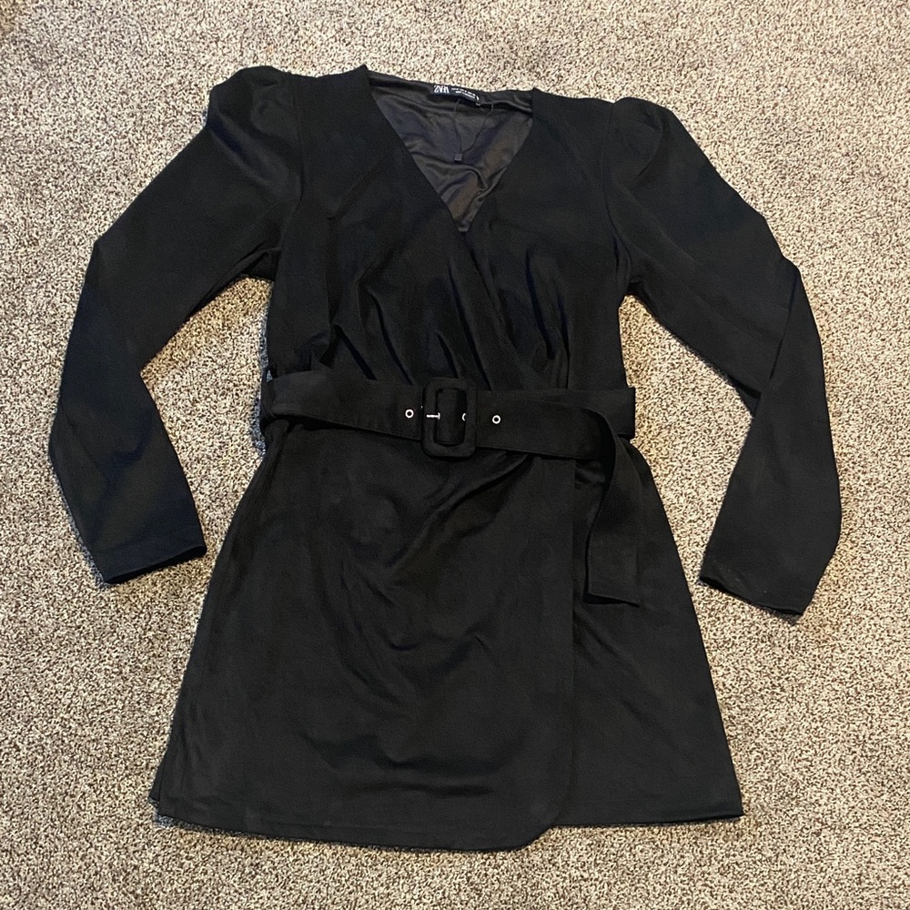 Zara Black Long Sleeve Micro Suede Belted Dress